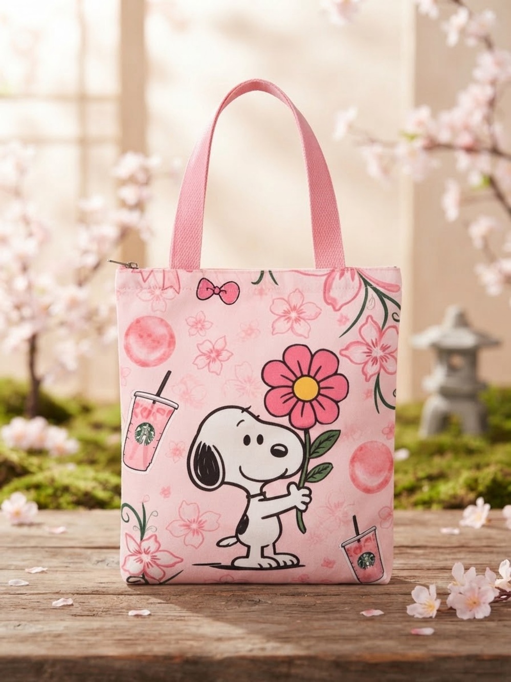 Snoopy Pink Floral Tote Bag 12”x14”